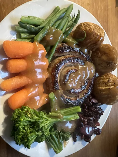 This is my cumberland sausage and gravy, with vegetables.